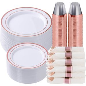 Kit di Stoviglie Usa e Getta Oro Rosa da 350 Pezzi per 50 Ospiti, Include 50 Piatti e 50 Coppette per Dessert - Product Image 1