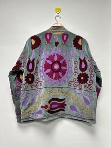 Bohemian Gray <b>Velvet</b> Suzani Embroidered <b>Jacket</b> with Floral Pattern Full Sleeve Stand Collar <b>Women's</b> Winter Outerwear - Product Image 2