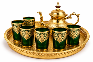 Juego de Té de Aleación de Aluminio Dorado Marroquí Más Vendido con 6 Vasos, Bandeja y Tetera en Caja de Regalo - Product Image 2