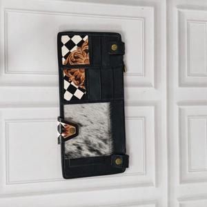 Cartera larga negra auténtica con patrón geométrico, cierre de cremallera, unisex, multifuncional, para uso diario, diseño minimalista - Product Image 2