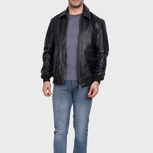 <b>Men</b> Vintage Style Genuine Leather <b>Jacket</b> Zipper Closure Casual Outdoor Regular Fit Soft Outerwear Stand Collar Front Logo - Product Image 5