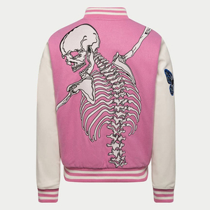 Pink Varsity <b>Jacket</b> with Skeleton Embroidery Crew Neck Collar Men's <b>Punk</b> Style Regular Fit Winter Wear - Product Image 4