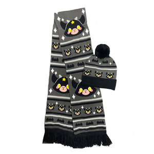 Cute Character Knit Beanie <b>Hat</b> and <b>Scarf</b> Set Gray Black Stripes Bat Pattern Appliques Unisex Adult Winter Wear - Product Image 1