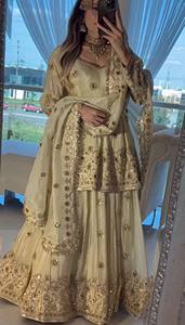 Salwar Beige de Lujo con Bordado Intenso, Estilo Pakistaní, Largo hasta el Suelo, para Bodas y Fiestas, con Dupatta, Ropa Étnica de Diseñador para Mujer - Product Image 4