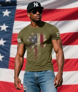 Men's Olive Green Short Sleeve O-Neck T-Shirt With American Flag <b>Skull</b> Print 100% Cotton Jersey Casual Regular Fit - Product Image 6