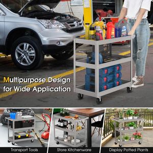 3-Tier Metal Utility Cart with Flat Handle and 2 Lockable Universal Wheels <b>Tool</b> <b>Trolley</b> - Product Image 6