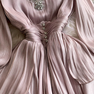 Nuovo abito da donna in Chiffon stile francese di fascia alta nuovo elegante abito Maxi con scollo a V sottile e arricciato lungo - Product Image 6