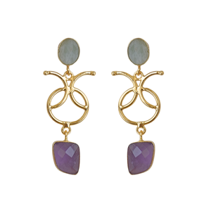 Boucles d'oreilles pendantes plaquées or avec double pierre semi-précieuse améthyste et amazonite, bijoux de créateur en pierres naturelles, fourniture de mode - Product Image 5
