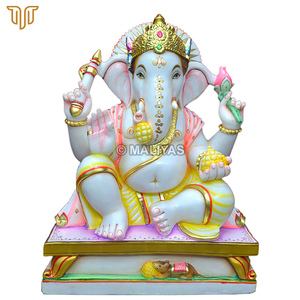 Pure Marble Ganesh <b>Statue</b> on Decorative Pedestal -15" Inch| Handcrafted Lord Ganesha Idol with <b>Gold</b> Crown | Premium Marble - Product Image 3