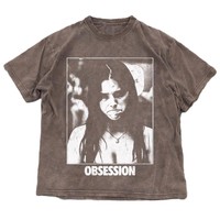 T-shirt en coton surdimensionné à imprimé graphique « Obsession Text », col rond, coupe ample, unisexe, décontracté, séchage rapide, respirant, style streetwear