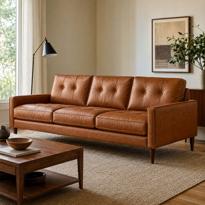โซฟาหนังแท้สามที่นั่ง สไตล์โมเดิร์นกลางศตวรรษ พนักพิงแบบ Tufted แขนตรง ขาไม้ โซฟาหนังสำหรับห้องนั่งเล่น - Product Image 3