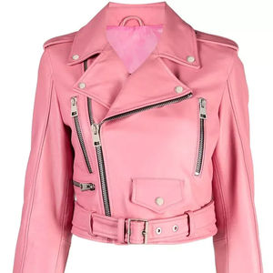 Chaqueta de cuero genuino de piel de oveja de doble botonadura con cremallera brillante, elegante y personalizada para invierno, para mujer. - Product Image 1