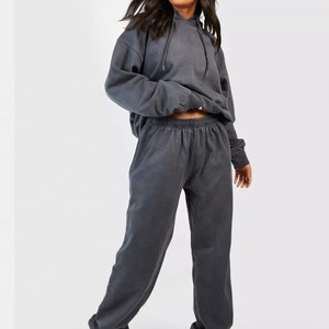 Ensemble de survêtement décontracté pour femme, couleur unie, à capuche, manches longues, taille élastique, coupe ample, pantalon de survêtement et sweat-shirt en coton, pour l'automne - Product Image 1
