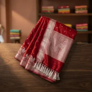 Royal <b>Red</b> Banarasi Silk Long Shawl <b>Saree</b> by NIRMETRA Women's Durable Daily Use All Seasons - Product Image 5