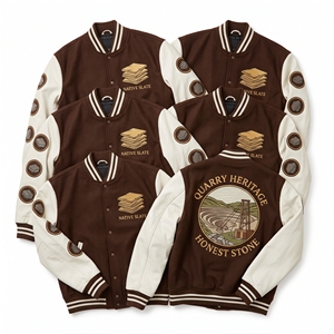 Custom Varsity Jacket Maker <b>Dark</b> <b>Green</b> <b>Wool</b> Body Cream Leather Sleeve Coastal Shoreline Tidal Stones Embroidery Letterman <b>Coat</b> - Product Image 6