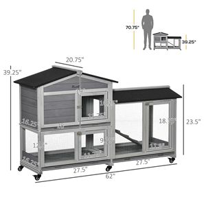 Conigliera in Legno Grigio Chiaro da 62 Pollici con Ruote, Casetta per Conigli per Uso Interno ed Esterno - Product Image 3