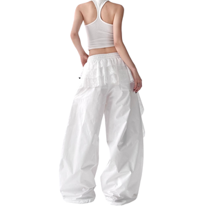 Pantalon large taille haute blanc pour femme grande taille avec volants et détails en dentelle, coupe ample, style streetwear, longueur complète, fermeture à cordon - Product Image 2