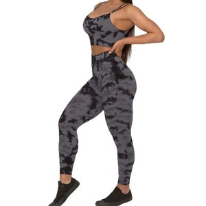 Ensemble de yoga 2 pièces : Crop top tie-dye à bretelles spaghetti et leggings taille haute longueur intégrale, extensible dans les quatre sens, en Spandex et Polyester - Product Image 4