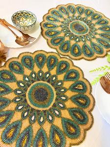 Handmade <b>Round</b> Bohemian Beaded Fabric <b>Placemat</b> With Teal And Gold Mandala Design - Product Image 3