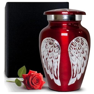 Urne funéraire rouge avec motif d'ailes d'ange blanches, récipient commémoratif pour cendres humaines adultes, urne funéraire avec sac en velours gratuit - Product Image 1