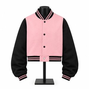 Chaqueta Bomber Corta para Mujer, Estilo Universitario, Rosa y Negra con Bloques de Color, Puños Acanalados a Rayas, Moda Urbana, Venta al por Mayor - Product Image 1