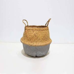 Top Rated Natural Palm Leaf <b>Woven</b> <b>Basket</b> Foldable Round Belly Planter with Handles - Product Image 1
