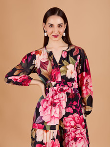 Floral Print <b>Bell</b> Sleeve Formal Fit Flare Midi Dress Digital Printed Eco-Friendly Natural Waist OEM Chiffon Summer Dresses - Product Image 3