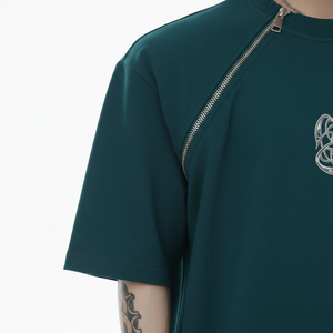 T-shirt en coton oversize tendance pour homme avec badge personnalisé, col rond et double fermeture éclair, style streetwear - Product Image 6