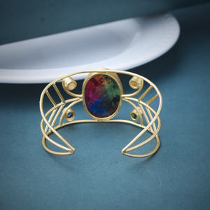 Hand made Multicolor Oval <b>Stone</b> Gold Plated Cuff <b>Bracelet</b> – Statement Wire Bangle - Product Image 3