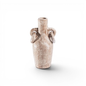 Antique Rustic <b>Ceramic</b> Tabletop <b>Vase</b> Double Ring Handles Distressed Stone Finish 100% Handmade Home Basket Bali Living Room Home - Product Image 1
