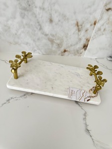 <b>Top</b> Selling Marble <b>Stone</b> Tray In Unique Golden Spoon And Fork Designed Handle With Golden Borders For <b>Table</b> Decoration - Product Image 6