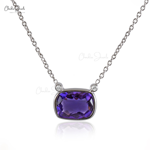 Productos en Tendencia: Collar Matinee de Oro Blanco Fino de 14k con Amatista de 8x6mm y Diamante G-H Redondo de 1mm, Collar de Piedra de Nacimiento - Product Image 1