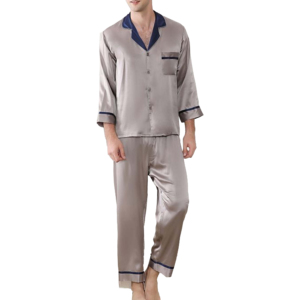 Ensemble de vêtements de détente pour homme personnalisé, respirant, de haute qualité, uni, manches longues, col en V, coton satiné doux, pyjama personnalisable, été - Product Image 1