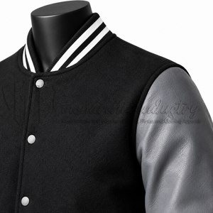 Chaqueta Universitaria Negra Personalizada, Cuerpo de Lana, Mangas de Cuero Gris, Chaqueta Letterman, Fabricante de Marca Privada OEM - Product Image 6