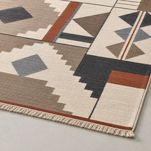 Alfombra Geométrica Abstracta de Lana Color Marfil Taupe, Moderna, con Diseño de Diamantes en Patchwork, Antideslizante, Ecológica, con Detalles en Color Carbón y Óxido - Product Image 5