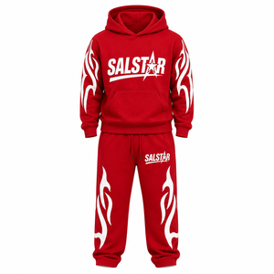 Ensemble de survêtement rouge personnalisé pour hommes, sweat à capuche et pantalon de jogging, imprimé flamme noire, streetwear, vêtements de sport décontractés, tenue 2 pièces - Product Image 1