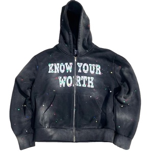 Custom Logo 100% Cotton Boxy Zipper Pullover <b>Hoodie</b> <b>Men</b> Sunfaded Acid Washed Distressed Embroidery Rhinestone Heavyweight <b>Hoodie</b> - Product Image 1