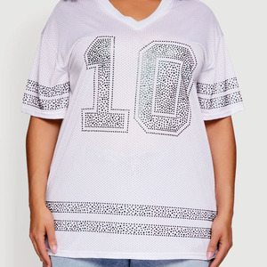 Camiseta de fútbol americano con pedrería para mujer, al por mayor, de poliéster transpirable, cuello en V, estilo urbano, fabricante OEM a granel - Product Image 3
