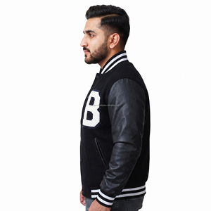 Veste universitaire noire pour homme avec broderie de la lettre B blanche, manches en cuir de vachette, vêtement décontracté, veste universitaire - Product Image 3