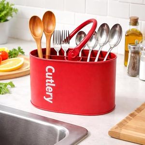 <b>Red</b> Cylindrical <b>Metal</b> Cutlery Storage Holder with Handle for Kitchen Tableware Organization Modern Design - Product Image 1