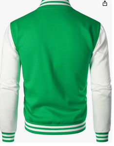 Men Green White Varsity Jacket Regular Fit Stand Collar <b>Covered</b> <b>Button</b> Closure Breathable Canvas 300g Embroidered High Street - Product Image 2