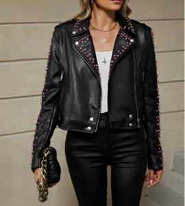 Women's Genuine Leather Moto <b>Jacket</b> With <b>Rhinestone</b> Rivet Decoration Turn-Down Collar Full Sleeve Autumn Style Premium leather - Product Image 3