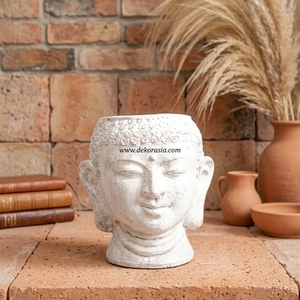 Pot de fleurs en terre cuite rustique blanc uni, fait main, en forme de tête de Bouddha, statue décorative en céramique, urne de table - Product Image 5