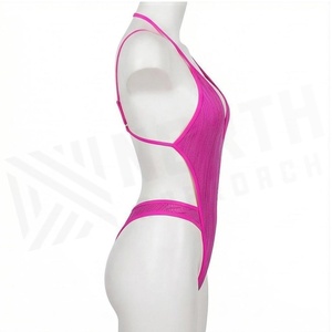 Maillot de bain une pièce côtelé rose à dos nu avec bas string, tenue de plage extensible pour femme, maillot de bain tricoté couleur unie - Product Image 4