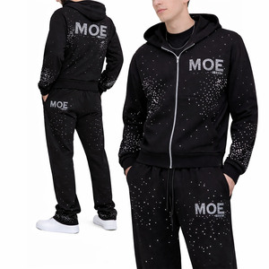 Conjunto de Chándal de Alta Calidad con Pedrería, Sudadera con Capucha de Forro Polar Grueso con Cremallera, Estilo Urbano Oversize con Brillos, Sudadera con Capucha para Hombre, Proveedor Mayorista - Product Image 1