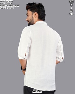 Kurta de Lino Blanco para Hombre, Corte Regular, Estilo Casual, Línea A, con Bordado, Estilo India Pakistán, Tallas M, L, XL, 2XL - Product Image 1