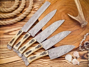 Juego de Cuchillos de Chef de Acero de Damasco Forjado a Mano, Mango de Hueso, Estilo Tradicional, Hoja de 6-7.9 Pulgadas, Ambidiestros, Acabado Satinado - Product Image 6
