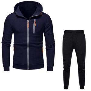 Conjunto de Sudadera con Capucha y Pantalones Deportivos Azul Marino para Hombre, Sudadera con Cierre, Chándal Informal de Felpa, Ropa Deportiva, Conjunto de Dos Piezas - Product Image 6