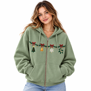 Sudadera con capucha de invierno para mujer, verde salvia, con cremallera, bordado de guirnalda, lazo, árbol, campana, copo de nieve, visco y diseño frontal temático - Product Image 1