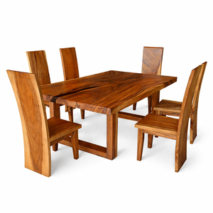 Juego de Mesa de Comedor Rectangular de Madera de Suar Dhifa con Sillas de Comedor de Madera Maciza con Borde Natural, Muebles de Madera Maciza para Uso en Hoteles y Restaurantes - Product Image 1